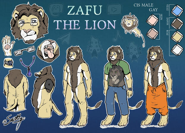 An artists' reference sheet for an anthropomorphic lion character named Zafu.